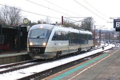 DSB Desiro MQ 4111 trainset photographed at the railway station in Middelfart 14. February 2005. The MQ class is built by Siemens in Germany. DSB has leased 12 units primarily for the line Odense - Svendborg. The type is used widely in Germany. The trainsets were put in service in Denmark in 2002. Two diesel engines of 315 kW per trainset. Max speed 120 km/h - 75 mph. Length 41 700 mm. Weight 68,2 metric tonnes. 114 seats 2nd class. Up to 3 trainsets can be put together.